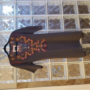 Johnny Was Biya Silk Charcoal Long Top with Beautiful Embroidery NWT
